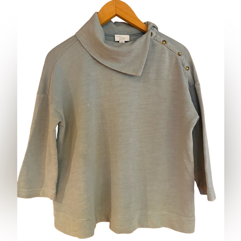 Pure Jill cotton fold-over collar 3/4 sleeve sweater French terry blue EUC XS